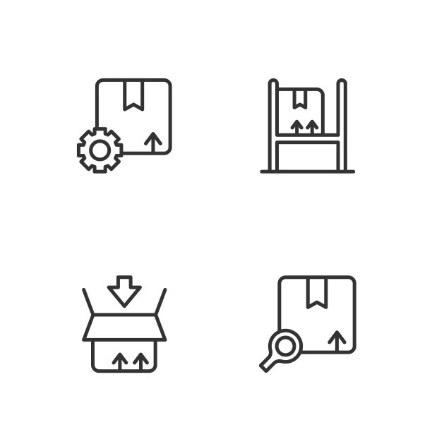 设置线搜索包，纸箱，纸箱，齿轮与仓库内部箱图标。向量图片下载