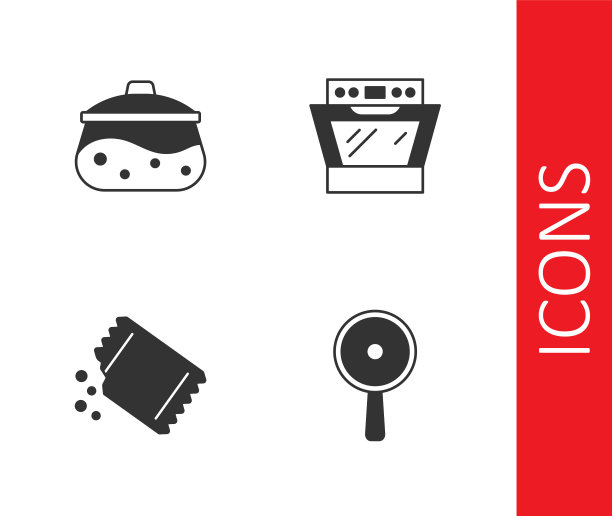 设置煎锅，烹饪锅，小包胡椒和烤箱图标。向量图片下载