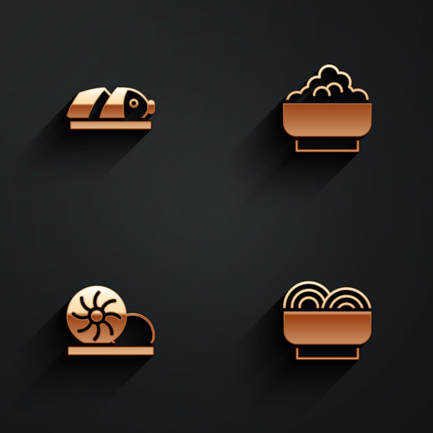 鱼切片，米饭碗，小笼包和亚洲面条图标长影子。向量图片下载