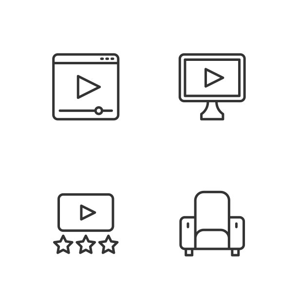 集线影院椅，评级电影，在线播放视频和图标。向量图片下载