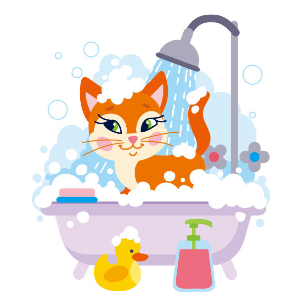 可爱的卡通猫在洗澡与鸭子，肥皂泡沫和泡沫。修饰宠物平面矢量插图。图片下载