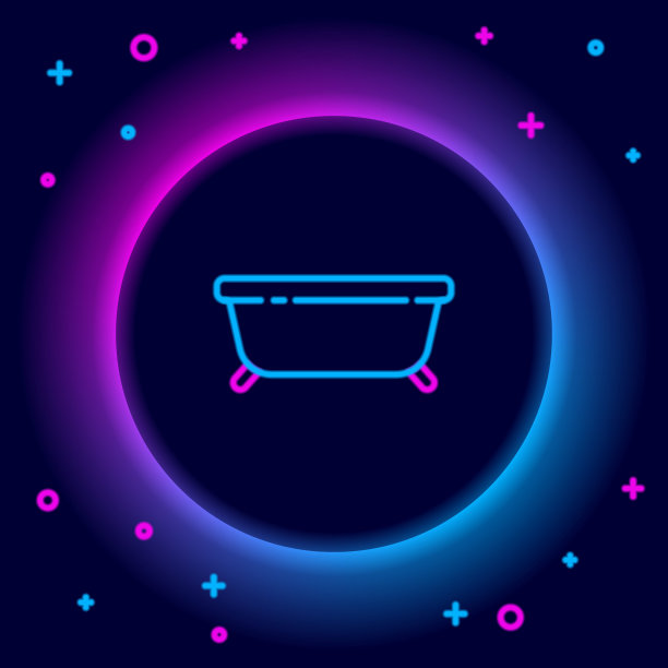 发光的霓虹线浴缸图标孤立的黑色背景。色彩缤纷的轮廓概念。向量图片下载
