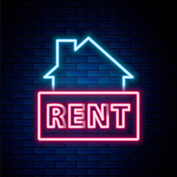 发光的霓虹灯线悬挂标志与文字租金图标孤立的砖墙背景。招牌上写着“出租”字样。色彩缤纷的轮廓概念。向量图片下载