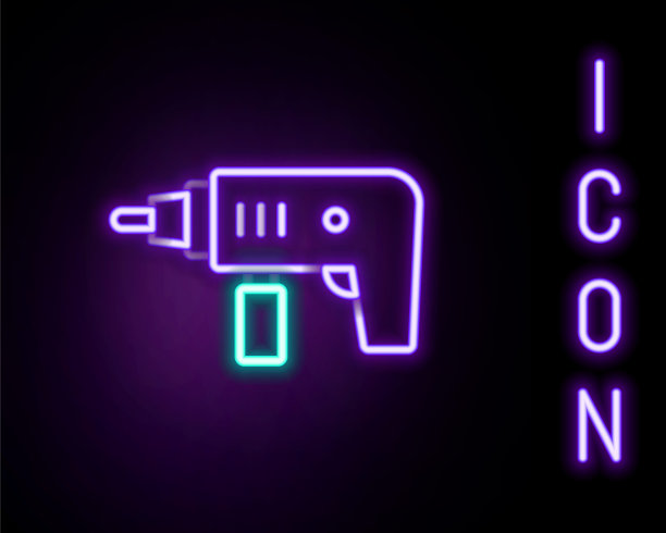 发光的霓虹线电钻机器图标孤立的黑色背景。修复工具。色彩缤纷的轮廓概念。向量图片下载