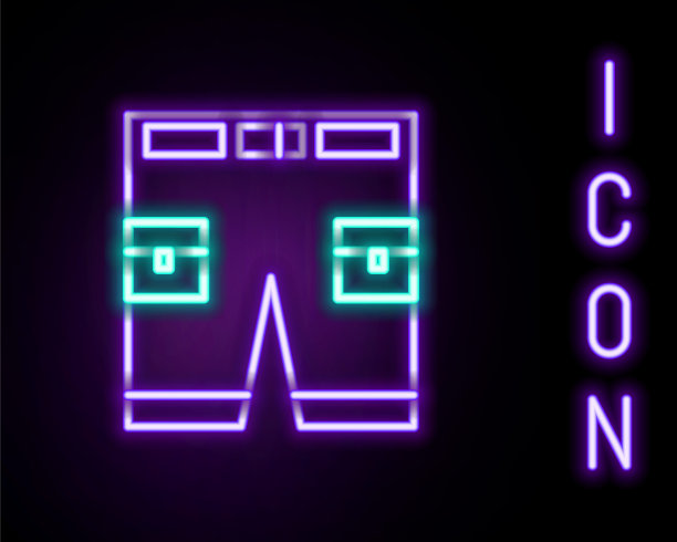 发光的霓虹灯线短或裤子图标孤立的黑色背景。色彩缤纷的轮廓概念。向量图片下载