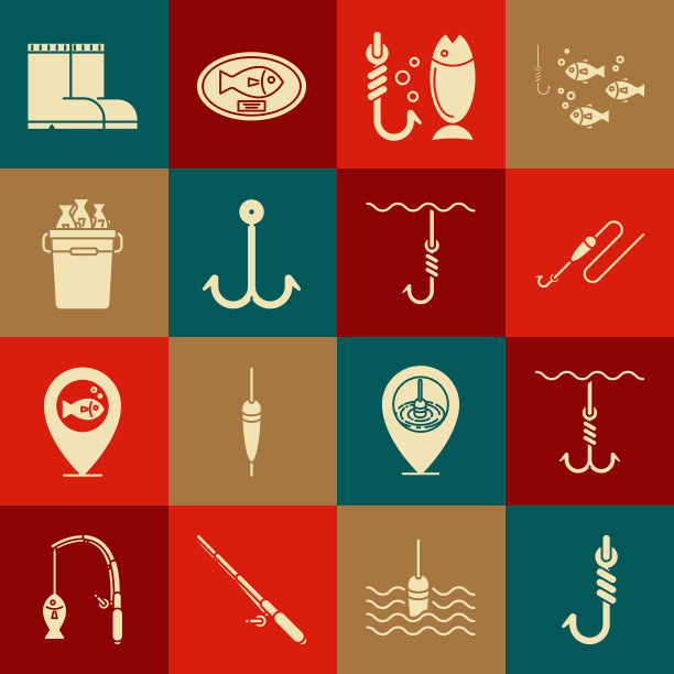 集钓鱼钩，水下，线与浮动，斗鱼，靴子和图标。向量图片下载