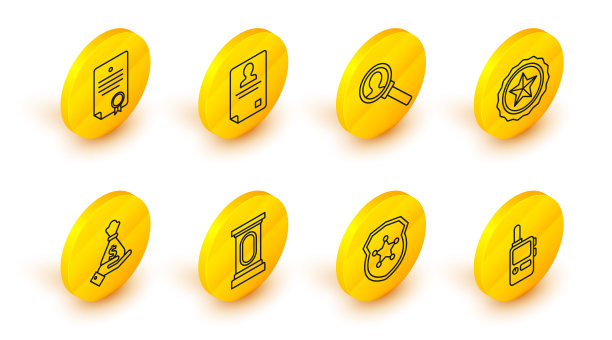 对讲机，警徽，讲台或辩论讲台，手提式钱袋，放大镜搜索，身份证明和证书模板图标。向量图片下载