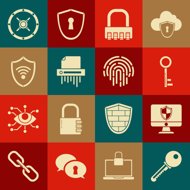 设置钥匙，电脑监控和屏蔽，安全密码锁，碎纸机机密，WiFi无线网络屏蔽，指纹图标。向量图片下载