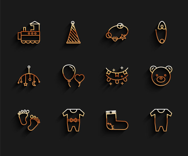 集线婴儿脚印，衣服，玩具火车，袜子，气球形式的心脏，泰迪熊毛绒玩具和嘉年华花环与旗帜图标。向量图片下载