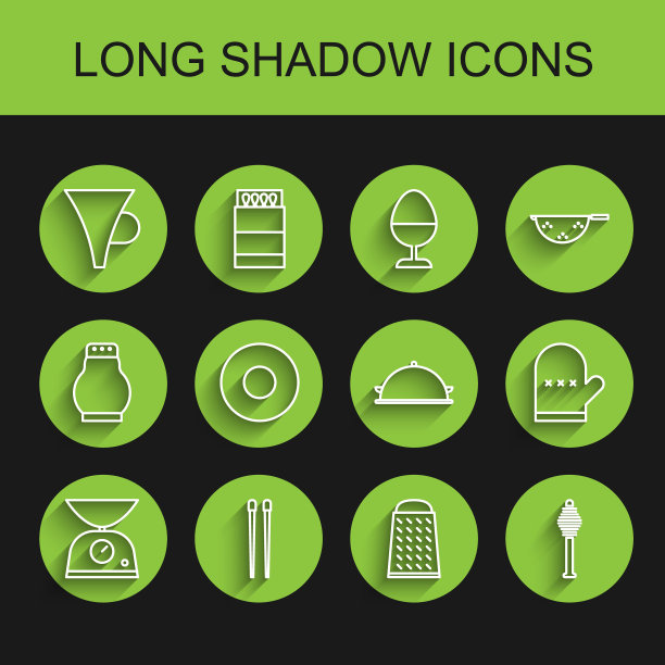 设置线秤，食品筷子，漏斗或过滤器，磨碎器，蜂蜜勺，盘子，烤箱手套和覆盖的食品图标托盘。向量图片下载