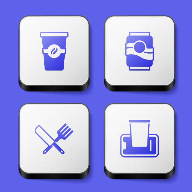 设置咖啡杯带走，汽水罐，交叉刀叉和食品订购的移动图标。白色方形按钮。向量图片下载