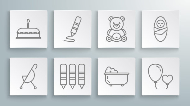 集线婴儿推车，蜡笔画画，蜡笔，浴缸，气球形式的心脏，泰迪熊毛绒玩具，新生儿婴儿襁褓和蛋糕与燃烧的蜡烛图标。向量图片下载
