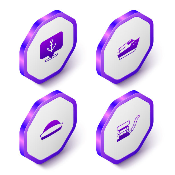 设置等距锚，快艇，水手帽和海洋系柱绳图标。紫色六边形按钮。向量图片下载