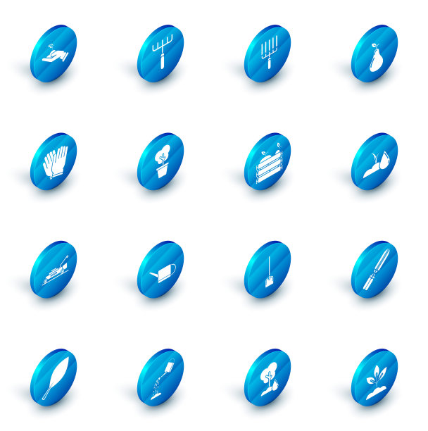 集花园耙，在工作，梨，手套，割草机，树盆，浇水芽和木箱的水果和蔬菜图标。向量图片下载