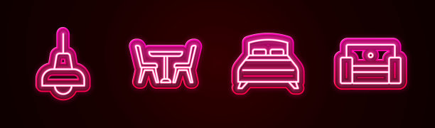 设置线灯挂，桌子与椅子，大床和扶手椅。发光的霓虹灯图标。向量图片下载