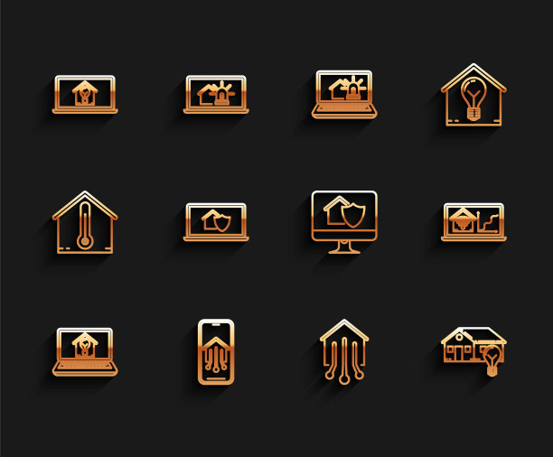 设置线笔记本电脑与智能房屋和灯泡，移动电话家庭，智能，在保护下，wi-fi和电脑显示器图标。向量图片下载