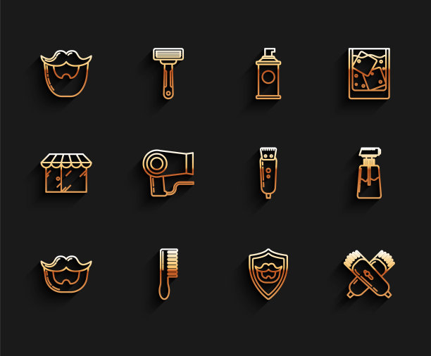 设置线胡子和胡子，发刷，盾，交叉电动剪发器或剃须刀，干燥器，乳霜乳液化妆品管和电气图标。向量图片下载