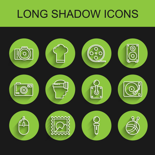 套装线电脑鼠标，图片景观，相机，游戏机操纵杆，纱线球与针织针，虚拟现实眼镜，黑胶唱片播放器和图标。向量图片下载