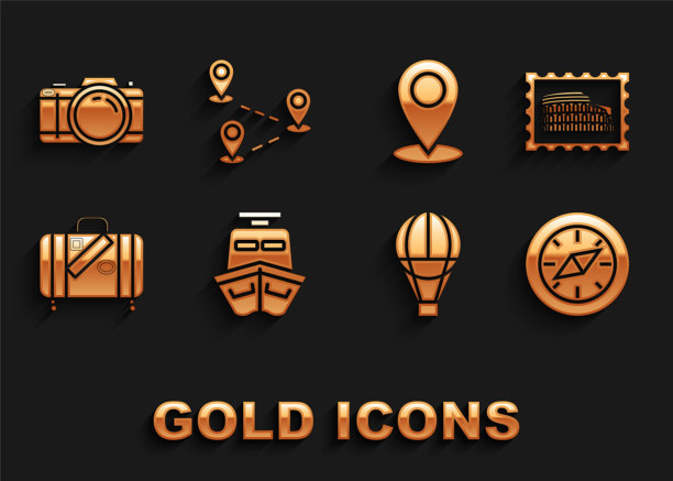 集船，邮政邮票和体育馆，指南针，热气球，旅行箱旅行贴纸，地图别针，照相机和路线位置图标。向量图片下载