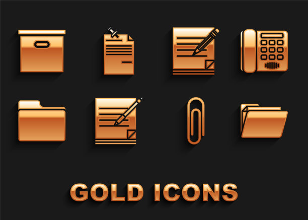 设置空白笔记本和笔，电话，文件夹，回形针，带橡皮擦的铅笔，纸箱纸箱和笔记纸固定的按钮图标。向量图片下载