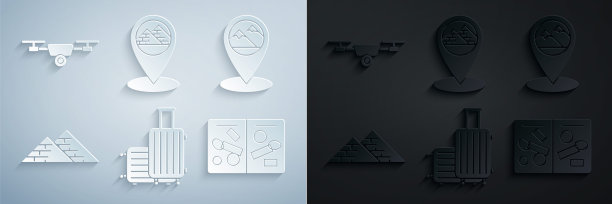 集旅行箱旅行，地图指针与山，埃及金字塔，护照页签证印章，和无人机飞行行动摄像机图标。向量图片下载