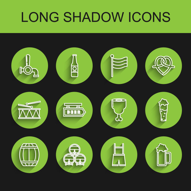 木桶，在架子上有旋塞，啤酒龙头，皮短裤，啤酒玻璃杯，街道招牌铭文，和鸡腿图标。向量图片下载