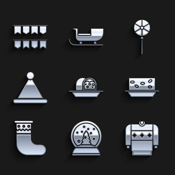 杏仁蛋白软糖海绵蛋糕、圣诞水晶球、毛衣、带坚果的牛轧糖、长袜、圣诞老人帽子、棒棒糖和嘉年华花环旗帜矢量素材图片下载