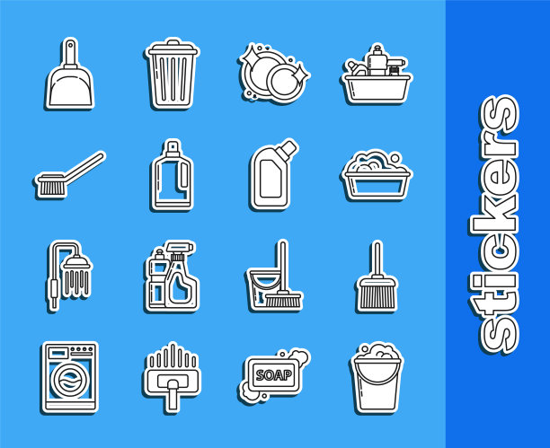 设置线桶与泡沫和气泡，处理扫帚，塑料盆肥皂泡沫，洗碗，瓶液体洗洁精，马桶刷，簸箕和图标。向量图片下载