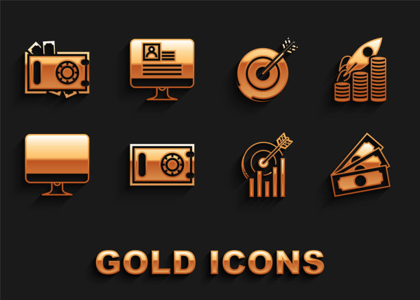 设置安全，火箭飞上硬币增长图表，堆纸币现金，目标与图形，计算机显示器屏幕，和简历图标。向量图片下载