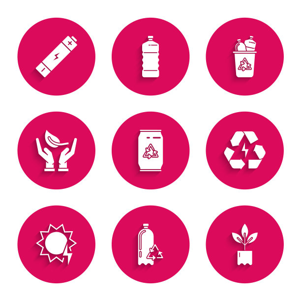 集易拉罐与回收标志和易拉罐，回收塑料瓶，植物，电池，太阳能板，环保芽手，回收箱和图标。向量图片下载
