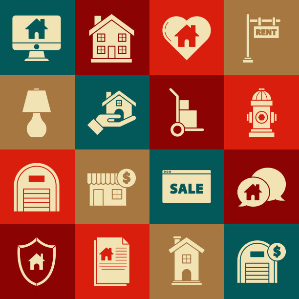 设置仓库与美元符号，房屋建筑在语音泡沫，消防栓，心形，房地产经纪人，台灯，电脑显示器智能家居和手推车和箱子图标。向量图片下载