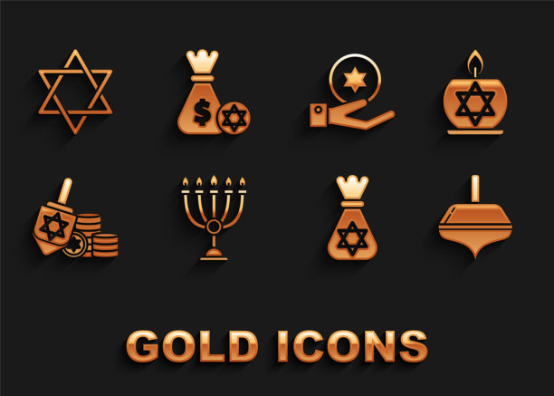 集光明节烛台，燃烧的蜡烛烛台与大卫之星，陀螺，犹太钱袋，硬币，手，大卫之星和图标。向量图片下载