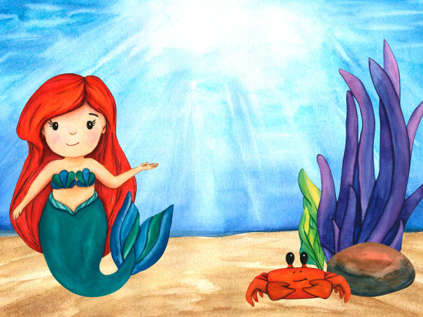 海景，石头，可爱的美人鱼，螃蟹和紫色海藻。海底海洋，水下景观背景与阳光。水彩插图海底底部的孩子印刷，装饰和设计图片下载