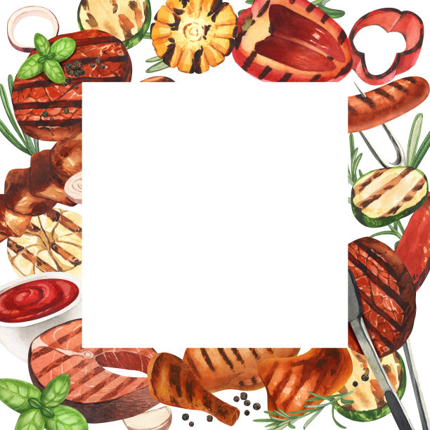水彩框架烧烤。烧烤，烤架，鸡肉和肉类的烹饪元素。手绘插图孤立在白色背景。完美的概念食品菜单，食品图纸，设计包装图片下载