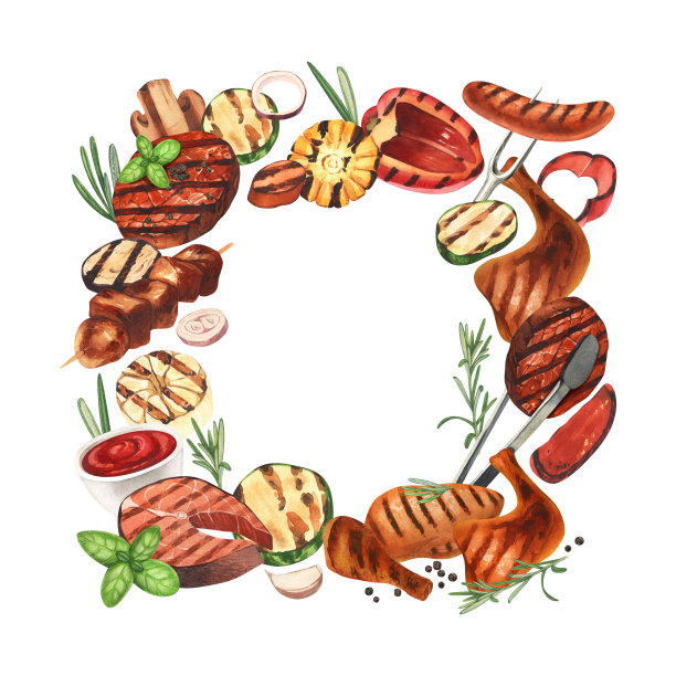 水彩框架烧烤。烧烤，烤架，鸡肉和肉类的烹饪元素。手绘插图孤立在白色背景。完美的概念食品菜单，食品图纸，设计包装图片下载