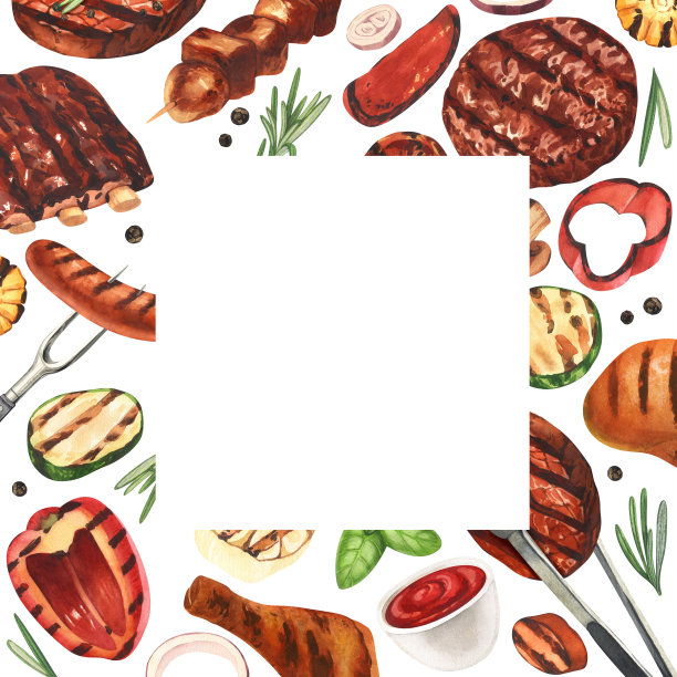 水彩框架烧烤。烧烤，烤架，鸡肉和肉类的烹饪元素。手绘插图孤立在白色背景。完美的概念食品菜单，食品图纸，设计包装图片下载