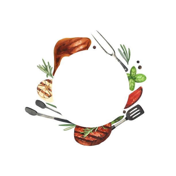 水彩圆框烧烤。烧烤，烤架，鸡肉和肉类的烹饪元素。手绘插图孤立在白色背景。完美的概念菜单，设计包装，适合烹饪图片下载