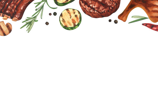 水彩框架烧烤。烧烤，烤架，鸡肉和肉类的烹饪元素。手绘插图孤立在白色背景。完美的概念食品菜单，食品绘图，设计包装，烧烤图片下载