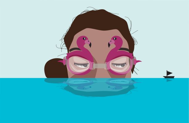 巨大的女人的头露出海面，直视着地平线上的小船图片下载