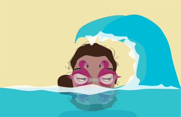 蓝色的大浪将涌向戴着粉红色火烈鸟护目镜游泳的年轻女孩的头部图片下载