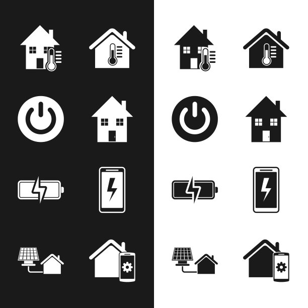 设置房屋，电源按钮，温度，电池，移动充电电池，智能家居远程控制系统和太阳能电池板图标。向量图片下载