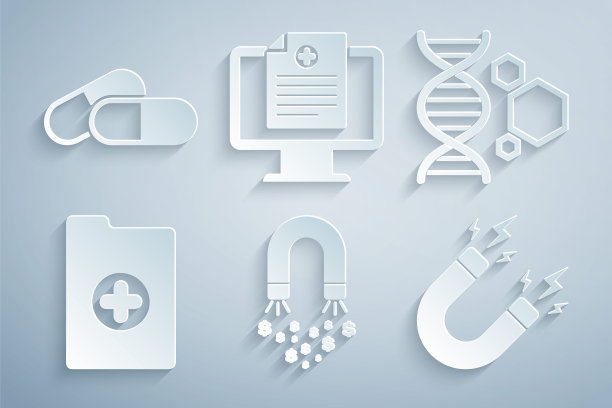 集磁铁与金钱，基因工程，临床记录，闪电，监视器和药物药片图标。向量图片下载