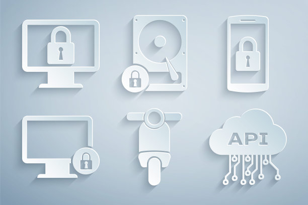 集摩托车，智能手机与锁，锁监视器，云api接口，硬盘驱动器和图标。向量图片下载