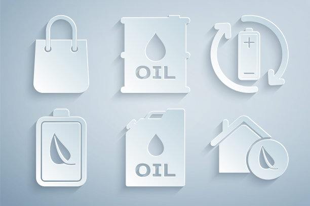 集罐式机油，回收电池，生态自然叶和电池，友好的房子，油桶和购物袋图标。向量图片下载