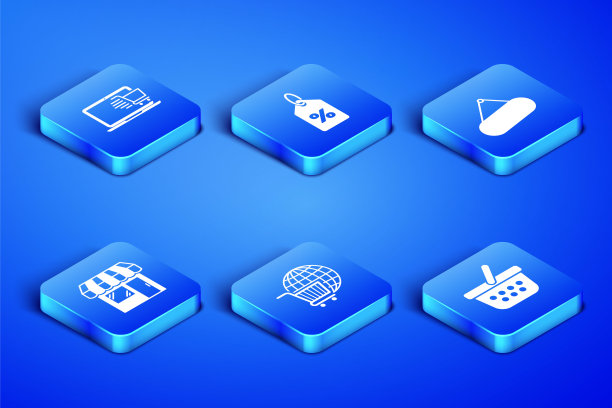 集购物篮，手推车在笔记本电脑上，与全球，市场商店，折扣百分比标签和招牌挂图标。向量图片下载