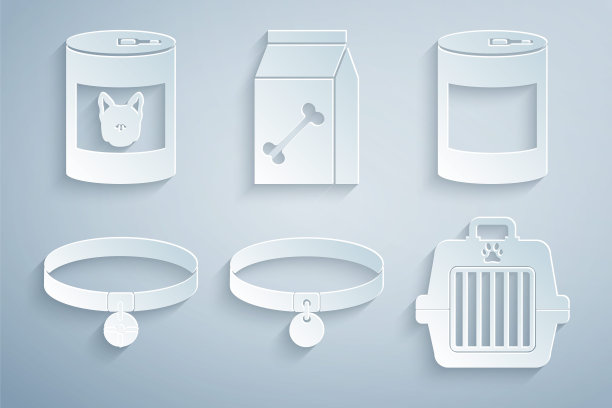 集项圈，罐头食品，与名牌，宠物手提箱，袋的宠物和狗的图标。向量图片下载
