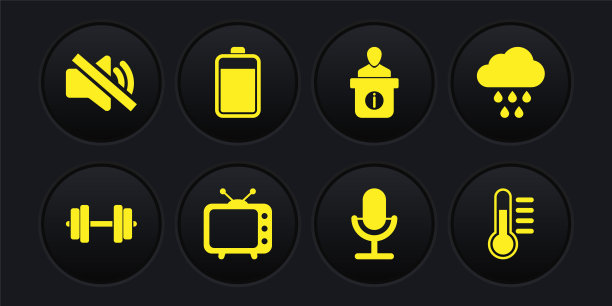 集哑铃，云与雨，电视电视，麦克风，咨询台和电池图标。向量图片下载