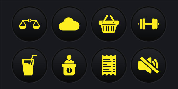 集玻璃与水，哑铃，咨询台，纸质财务检查，购物篮和云图标。向量图片下载