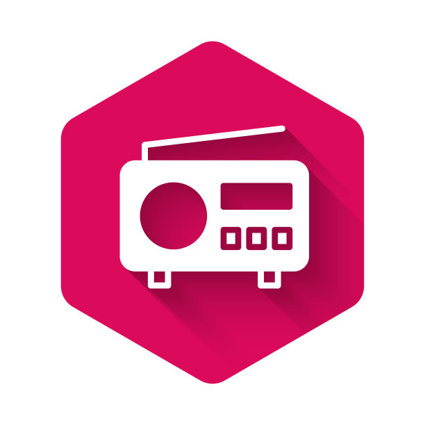 白色无线电与天线图标隔离与长阴影背景。粉红色六边形按钮。向量图片下载