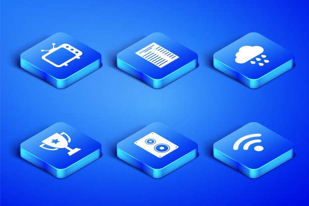 设置Wi-Fi无线网络，电视电视，立体声扬声器，奖杯，纸质财务支票和云与雨的图标。向量图片下载